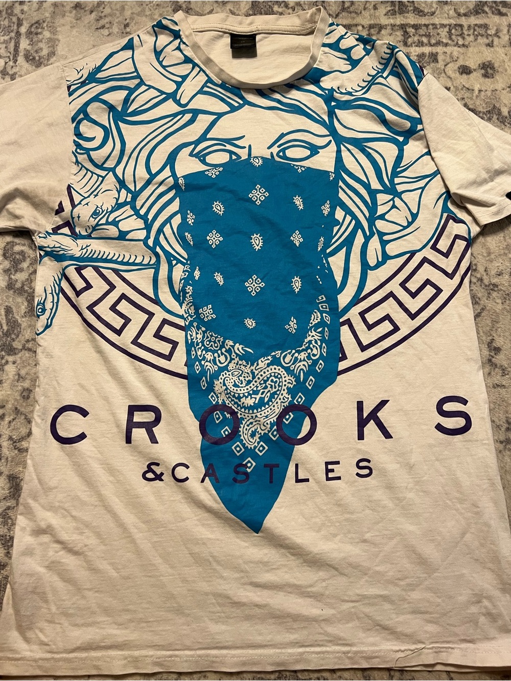 Crooks & Castles White Tee with Bright Turquoise Graphic